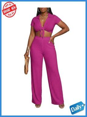 2 Piece Wide Leg Pant Set V Neck Crop Top Short Sleeve Sexy Going Out Outfit